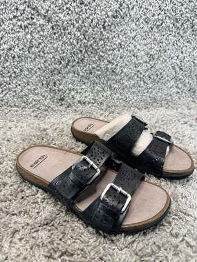 Earth Women's Sand Antigua Black Perforated Leather Double Buckle Slide Sandals